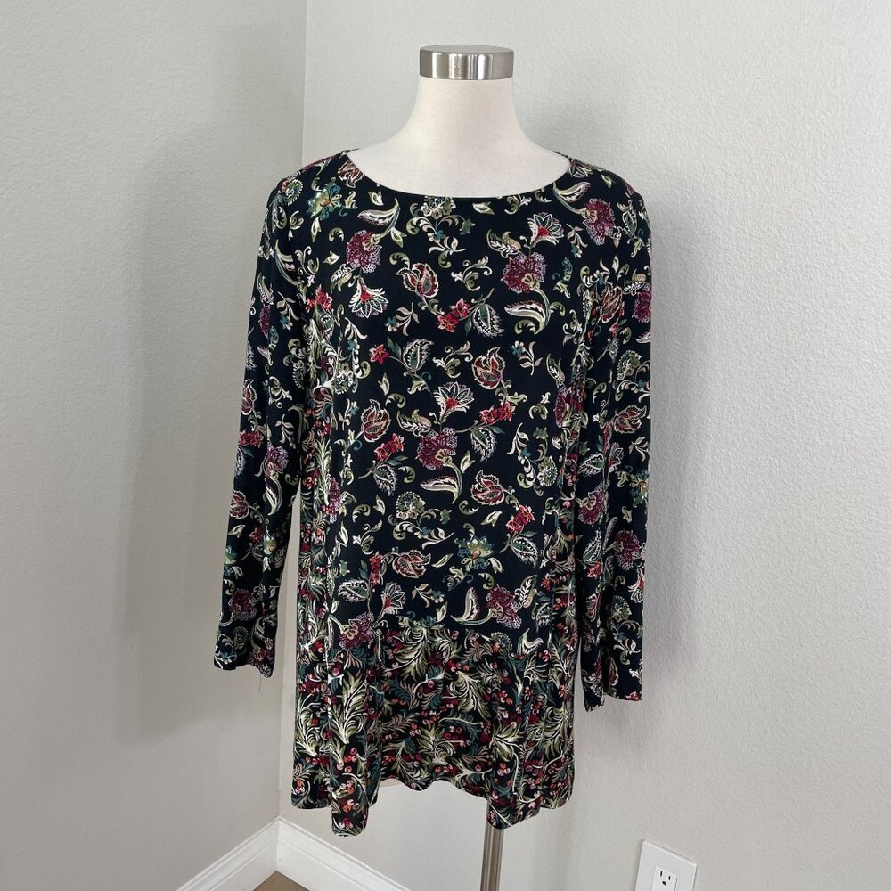 J Jill Womens Medium Black‎ Floral Long Sleeve Tunic Top Rayon Shirt